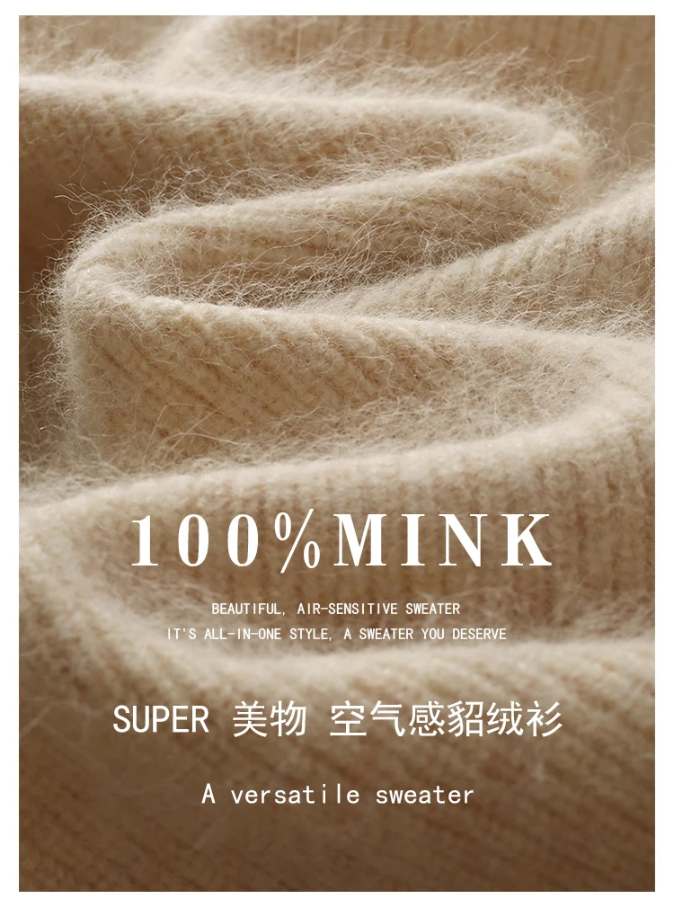 100% Pure Mink Cashmere Sweater Ladies V-Neck Thick Knit Pullover Casual Loose Long-Sleeved Blouse Autumn New Large Size Shirt