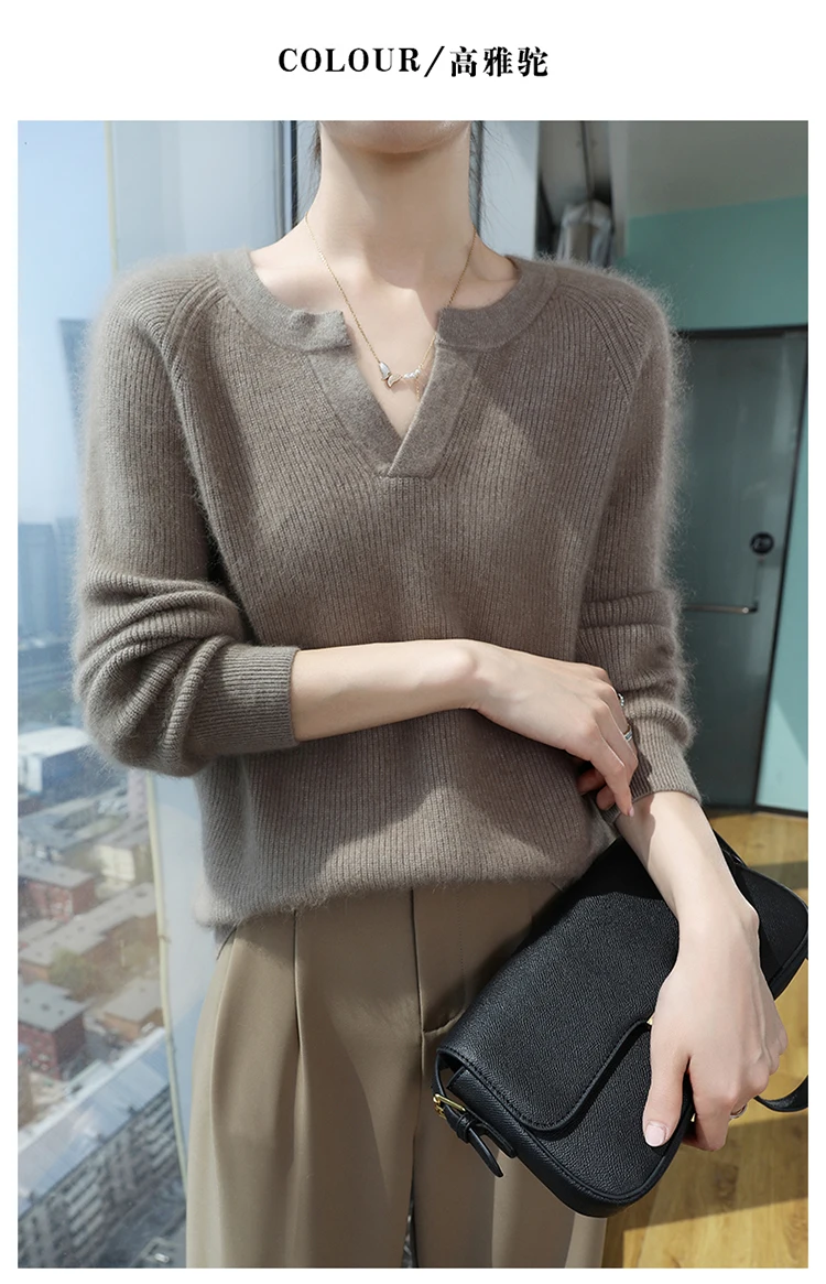 100% Pure Mink Cashmere Sweater Ladies V-Neck Thick Knit Pullover Casual Loose Long-Sleeved Blouse Autumn New Large Size Shirt