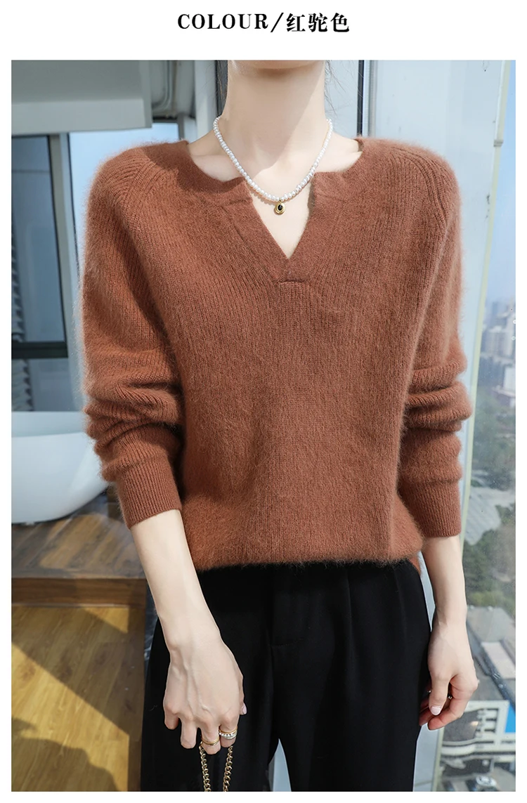 100% Pure Mink Cashmere Sweater Ladies V-Neck Thick Knit Pullover Casual Loose Long-Sleeved Blouse Autumn New Large Size Shirt