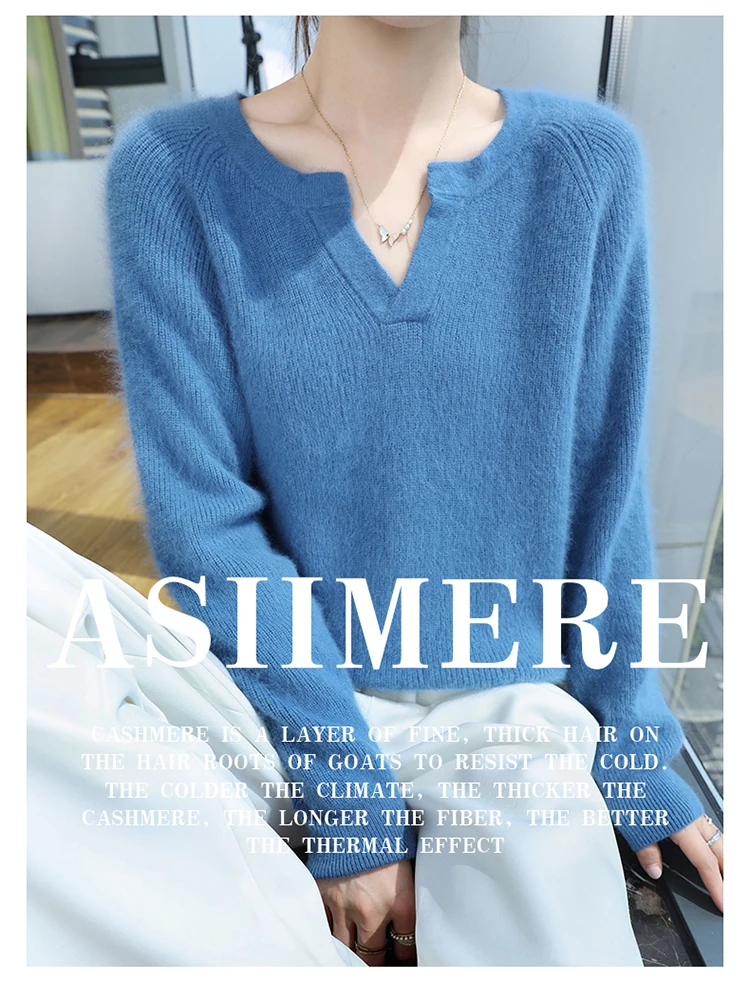 100% Pure Mink Cashmere Sweater Ladies V-Neck Thick Knit Pullover Casual Loose Long-Sleeved Blouse Autumn New Large Size Shirt