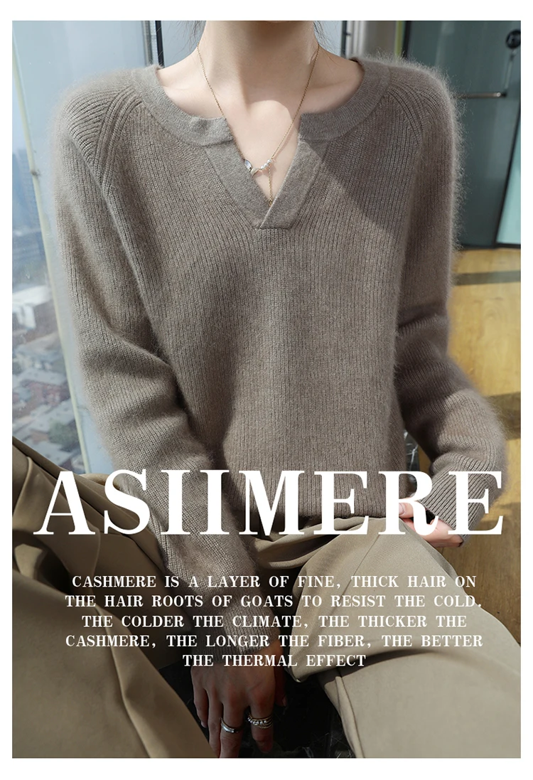 100% Pure Mink Cashmere Sweater Ladies V-Neck Thick Knit Pullover Casual Loose Long-Sleeved Blouse Autumn New Large Size Shirt
