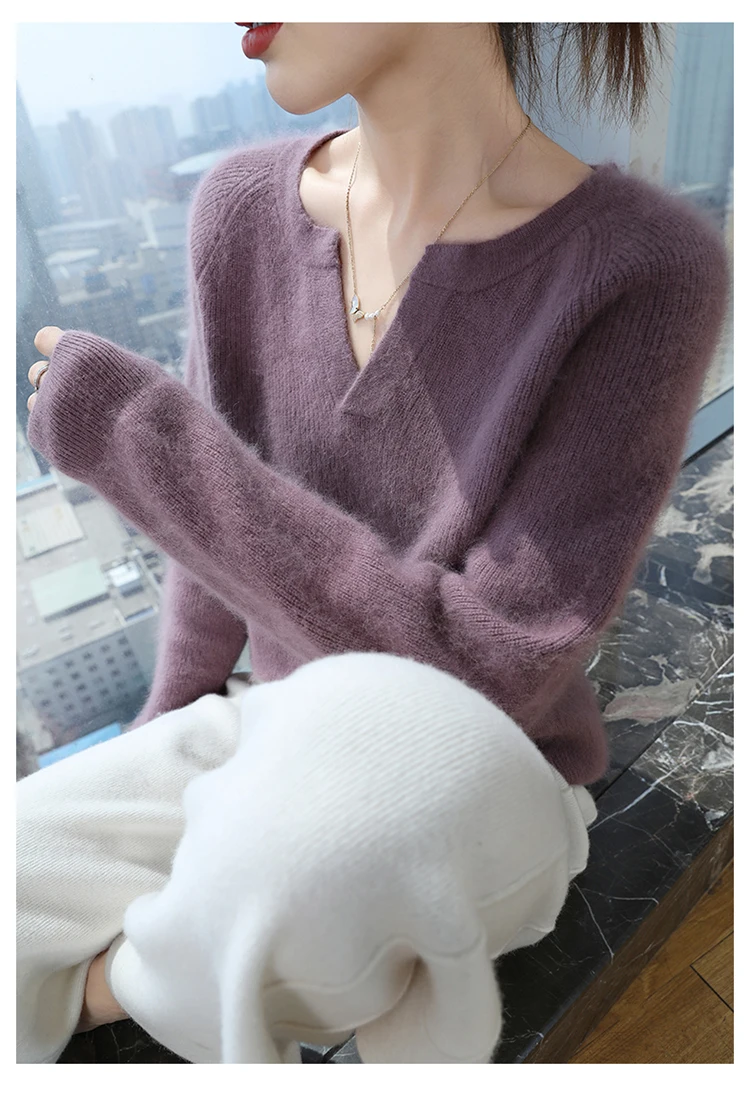 100% Pure Mink Cashmere Sweater Ladies V-Neck Thick Knit Pullover Casual Loose Long-Sleeved Blouse Autumn New Large Size Shirt