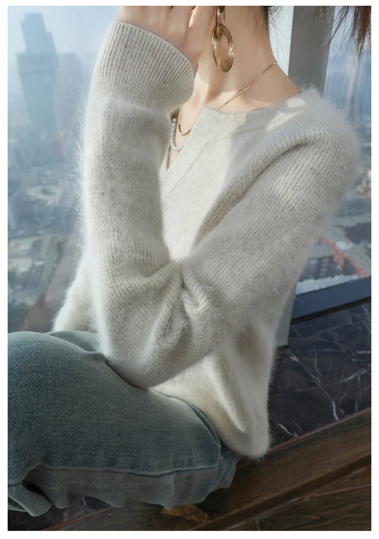 100% Pure Mink Cashmere Sweater Ladies V-Neck Thick Knit Pullover Casual Loose Long-Sleeved Blouse Autumn New Large Size Shirt
