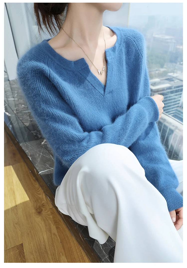100% Pure Mink Cashmere Sweater Ladies V-Neck Thick Knit Pullover Casual Loose Long-Sleeved Blouse Autumn New Large Size Shirt