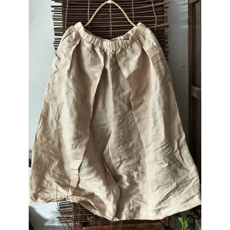 2025 New Spring Elastic Waist Ankle Length Wide Legs Pants Women Fashion Loose Cotton Ramie Trousers Casual Womens Clothing