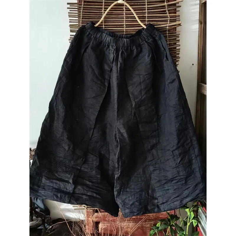 2025 New Spring Elastic Waist Ankle Length Wide Legs Pants Women Fashion Loose Cotton Ramie Trousers Casual Womens Clothing