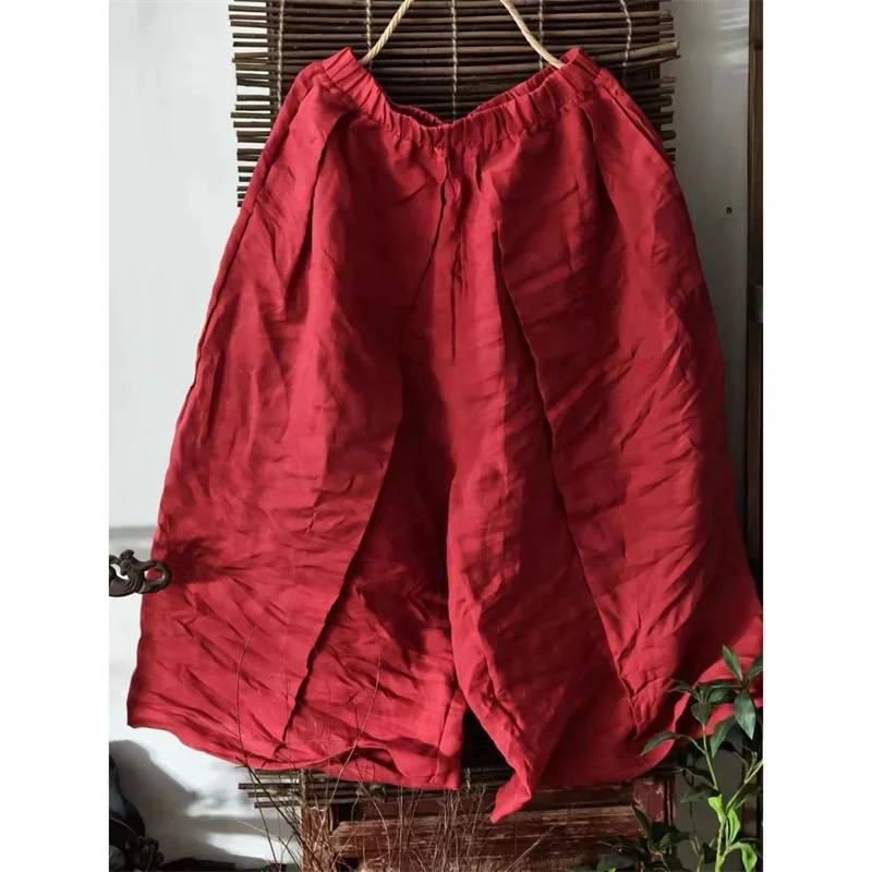 2025 New Spring Elastic Waist Ankle Length Wide Legs Pants Women Fashion Loose Cotton Ramie Trousers Casual Womens Clothing