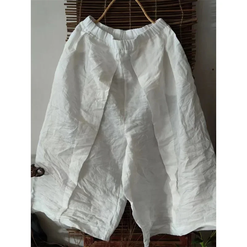 2025 New Spring Elastic Waist Ankle Length Wide Legs Pants Women Fashion Loose Cotton Ramie Trousers Casual Womens Clothing