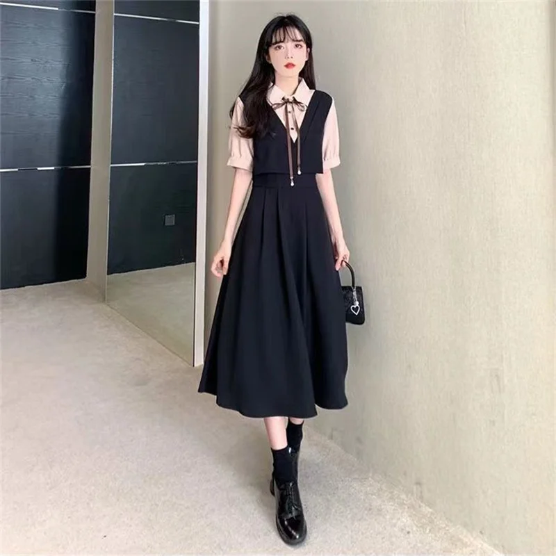 Retro Women Mid Length Version Short Sleeved Dress Summer Female Academic Style Dresses Ladies Korean Fake Two Pieces Vestidos
