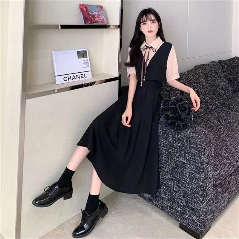 Retro Women Mid Length Version Short Sleeved Dress Summer Female Academic Style Dresses Ladies Korean Fake Two Pieces Vestidos