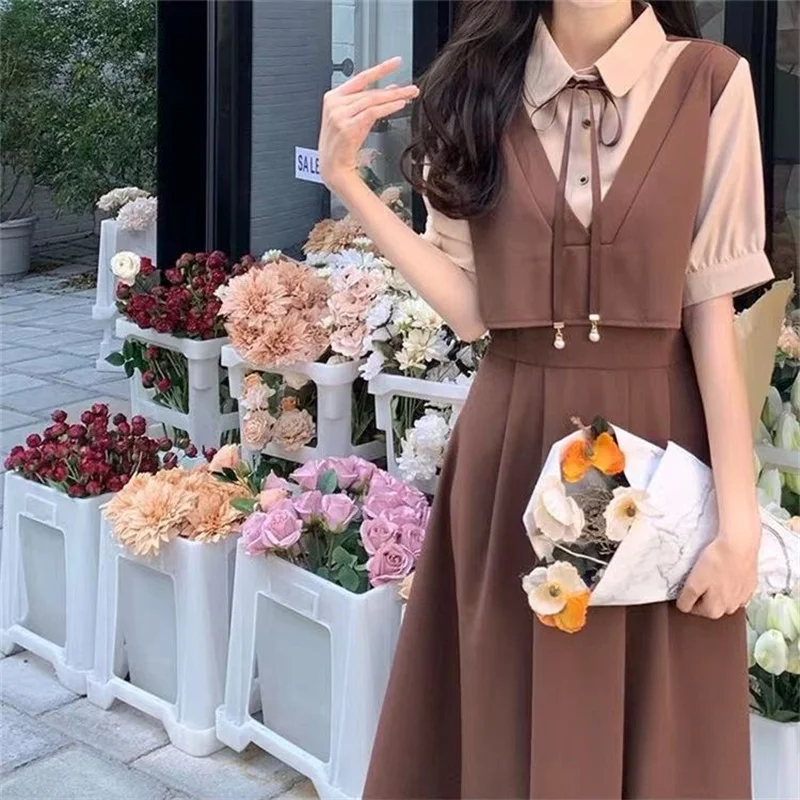 Retro Women Mid Length Version Short Sleeved Dress Summer Female Academic Style Dresses Ladies Korean Fake Two Pieces Vestidos