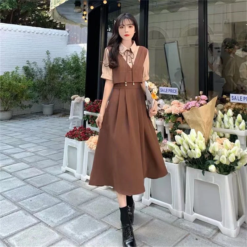 Retro Women Mid Length Version Short Sleeved Dress Summer Female Academic Style Dresses Ladies Korean Fake Two Pieces Vestidos
