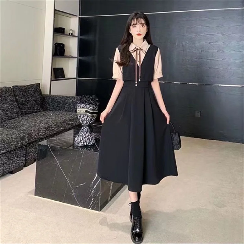 Retro Women Mid Length Version Short Sleeved Dress Summer Female Academic Style Dresses Ladies Korean Fake Two Pieces Vestidos