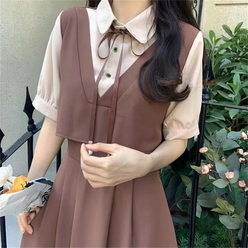 Retro Women Mid Length Version Short Sleeved Dress Summer Female Academic Style Dresses Ladies Korean Fake Two Pieces Vestidos
