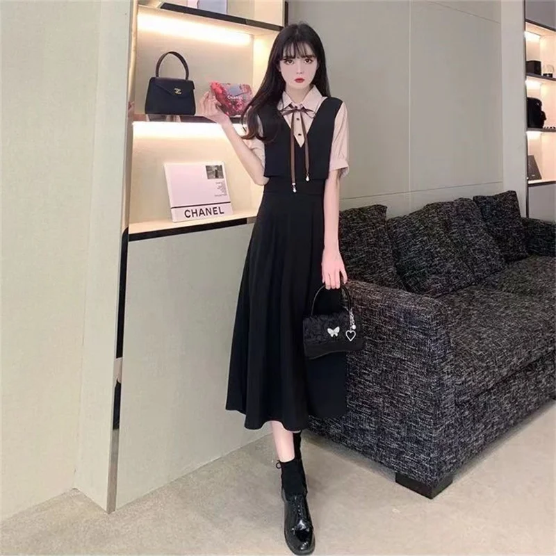 Retro Women Mid Length Version Short Sleeved Dress Summer Female Academic Style Dresses Ladies Korean Fake Two Pieces Vestidos