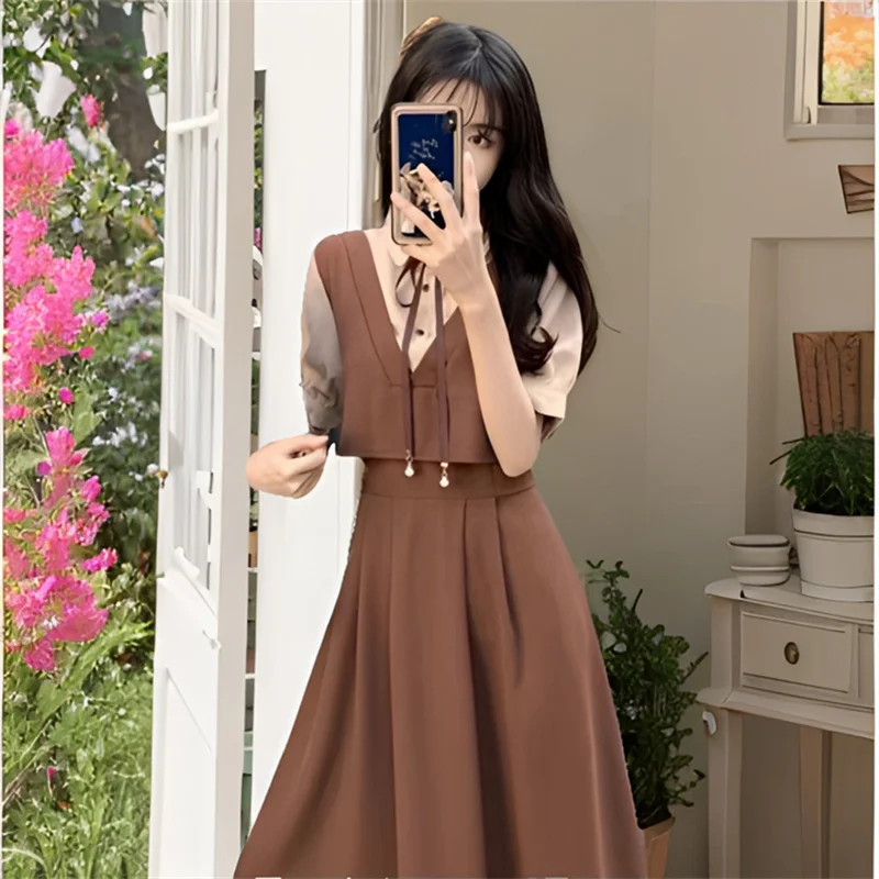 Retro Women Mid Length Version Short Sleeved Dress Summer Female Academic Style Dresses Ladies Korean Fake Two Pieces Vestidos