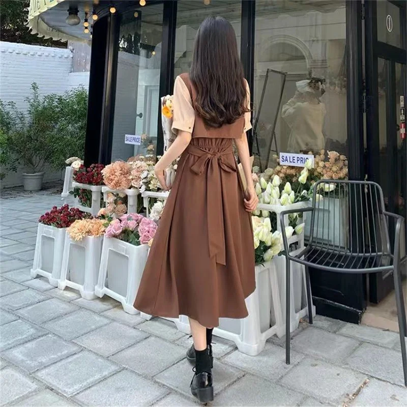 Retro Women Mid Length Version Short Sleeved Dress Summer Female Academic Style Dresses Ladies Korean Fake Two Pieces Vestidos
