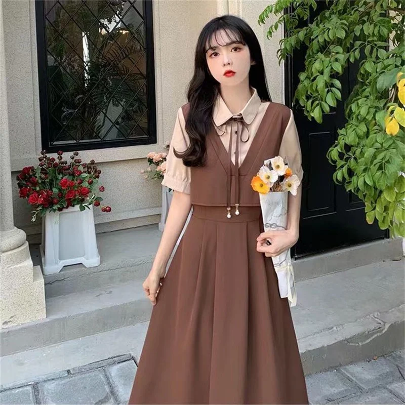 Retro Women Mid Length Version Short Sleeved Dress Summer Female Academic Style Dresses Ladies Korean Fake Two Pieces Vestidos