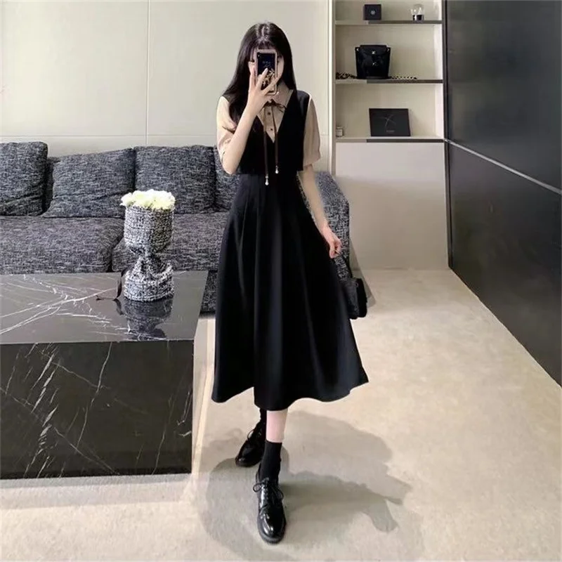 Retro Women Mid Length Version Short Sleeved Dress Summer Female Academic Style Dresses Ladies Korean Fake Two Pieces Vestidos
