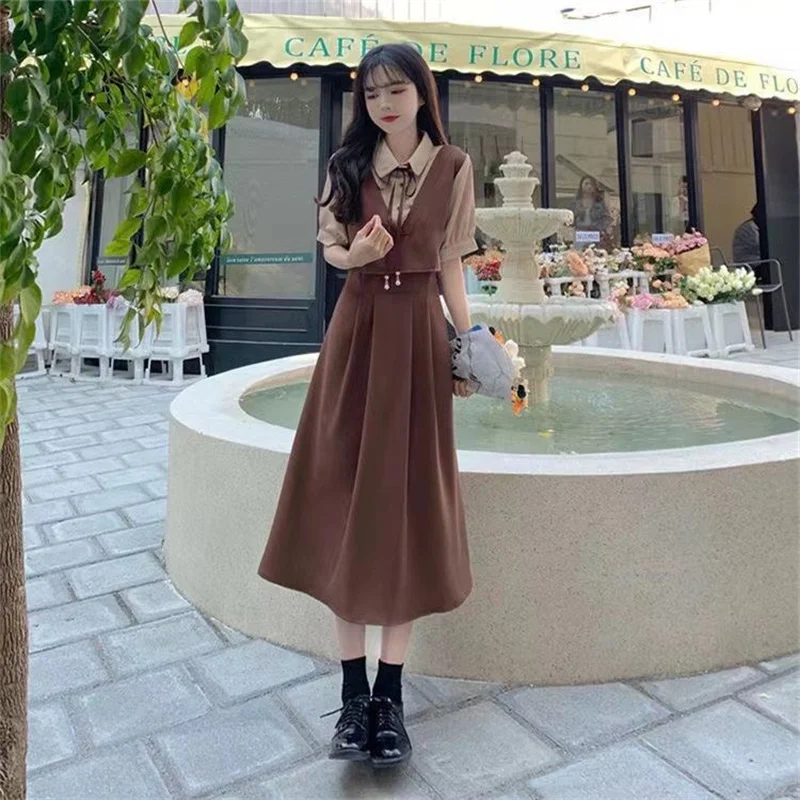 Retro Women Mid Length Version Short Sleeved Dress Summer Female Academic Style Dresses Ladies Korean Fake Two Pieces Vestidos