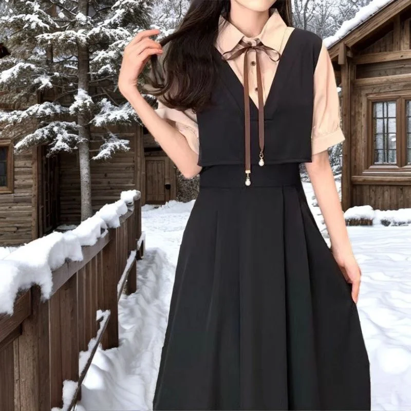 Retro Women Mid Length Version Short Sleeved Dress Summer Female Academic Style Dresses Ladies Korean Fake Two Pieces Vestidos