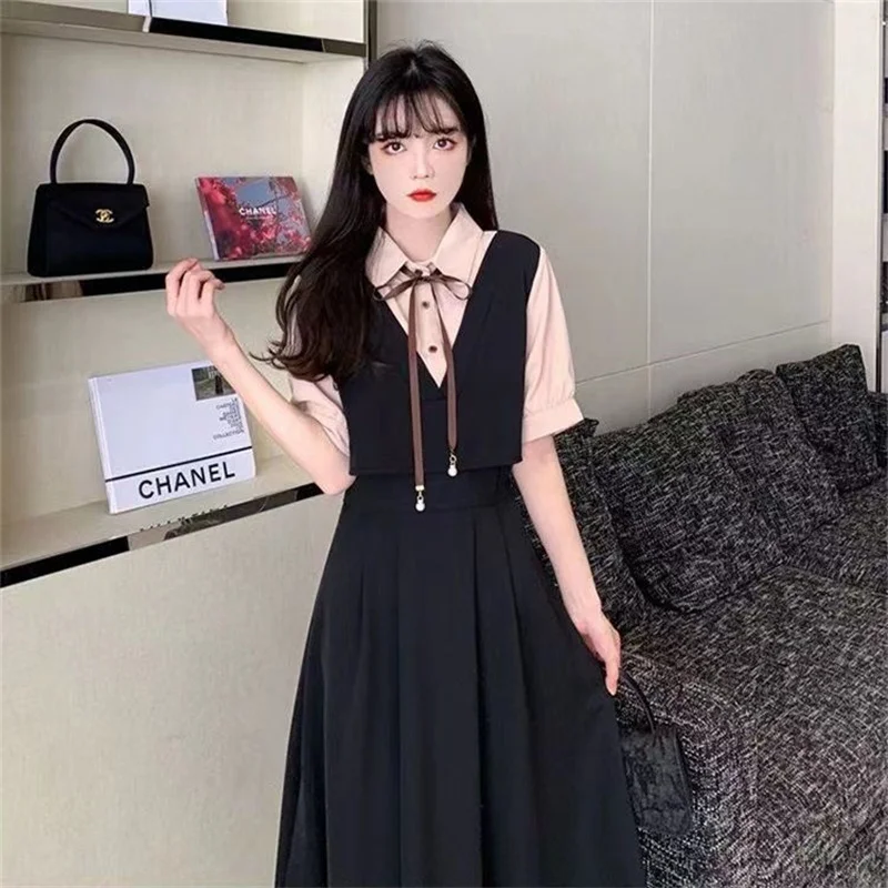 Retro Women Mid Length Version Short Sleeved Dress Summer Female Academic Style Dresses Ladies Korean Fake Two Pieces Vestidos