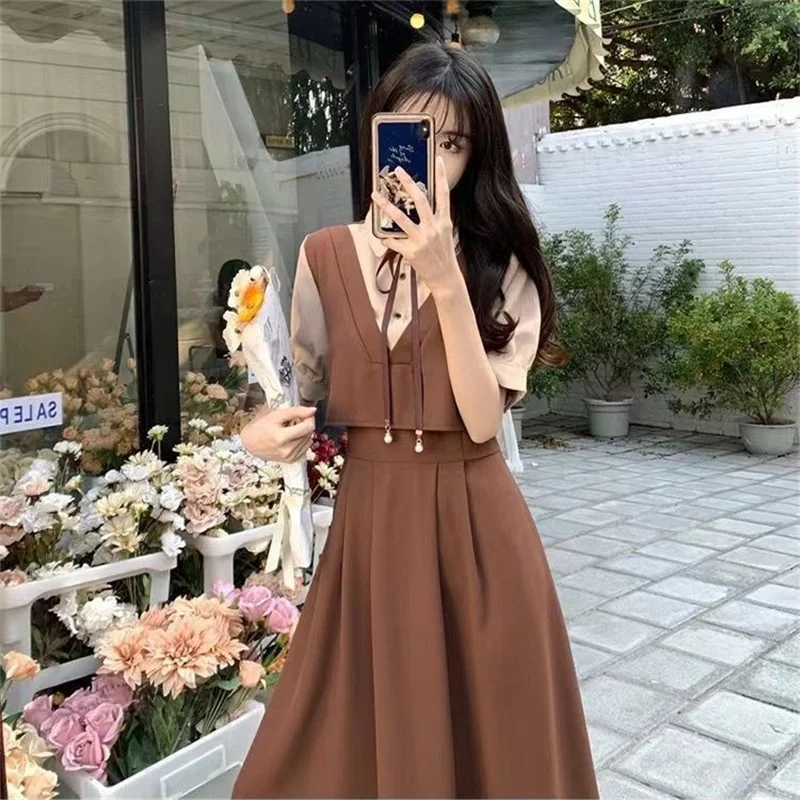 Retro Women Mid Length Version Short Sleeved Dress Summer Female Academic Style Dresses Ladies Korean Fake Two Pieces Vestidos