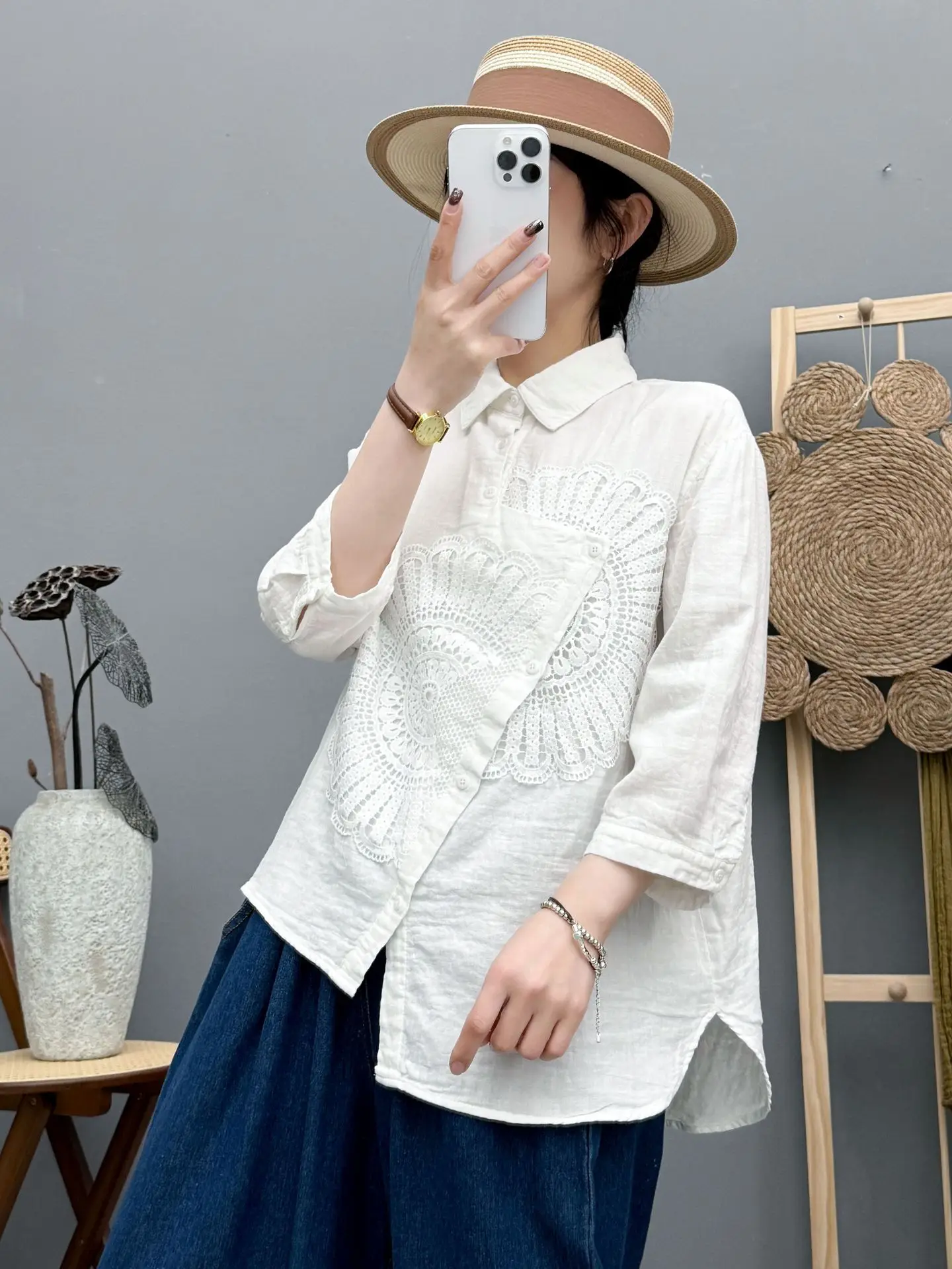 New 2025 Summer Cotton Yarn 3/4 Sleeve Shirt, Women Turn-down Collar Embroidery, Mori Girl Versatile Chic Loose Blouse T55345CC