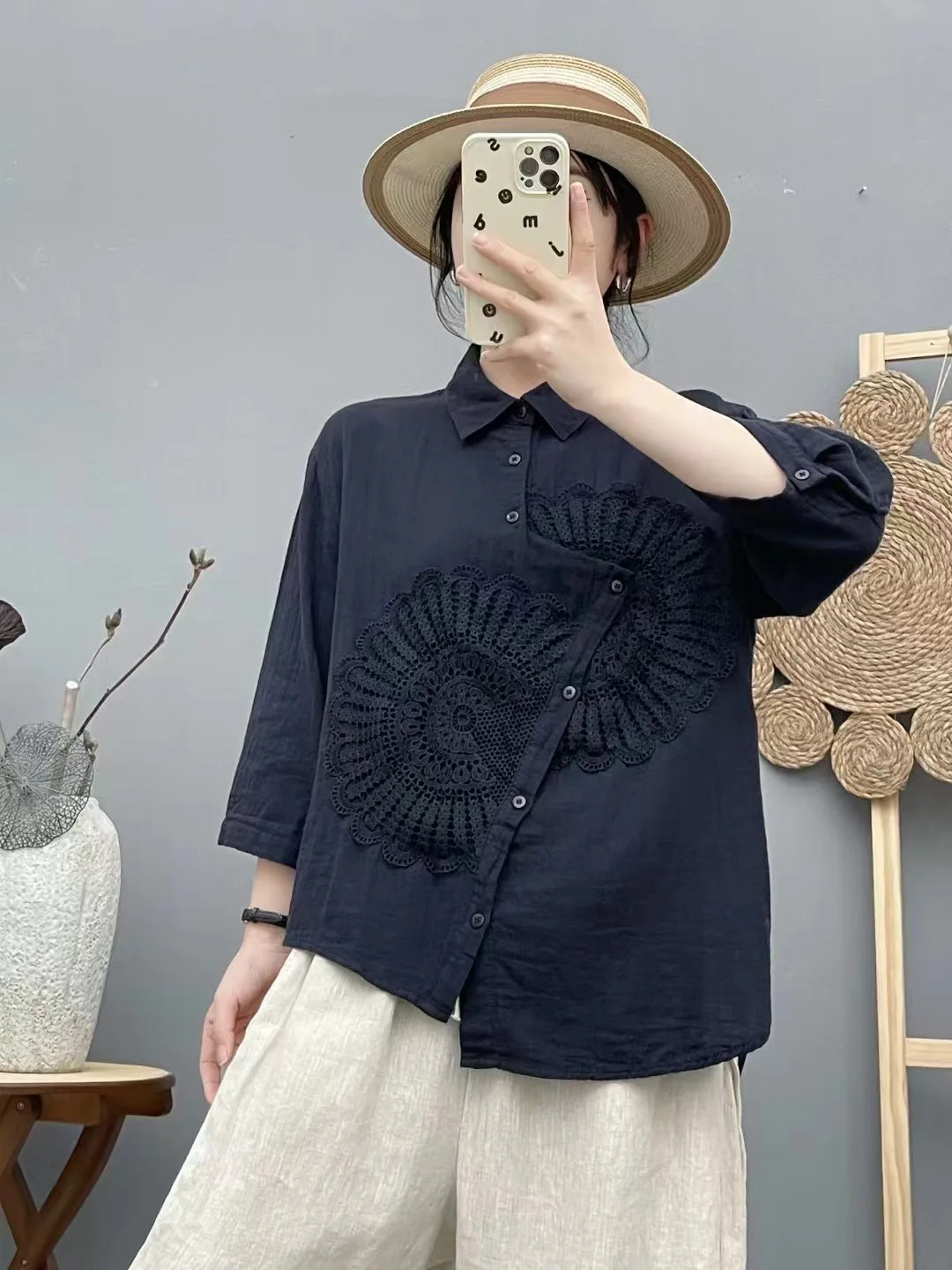 New 2025 Summer Cotton Yarn 3/4 Sleeve Shirt, Women Turn-down Collar Embroidery, Mori Girl Versatile Chic Loose Blouse T55345CC