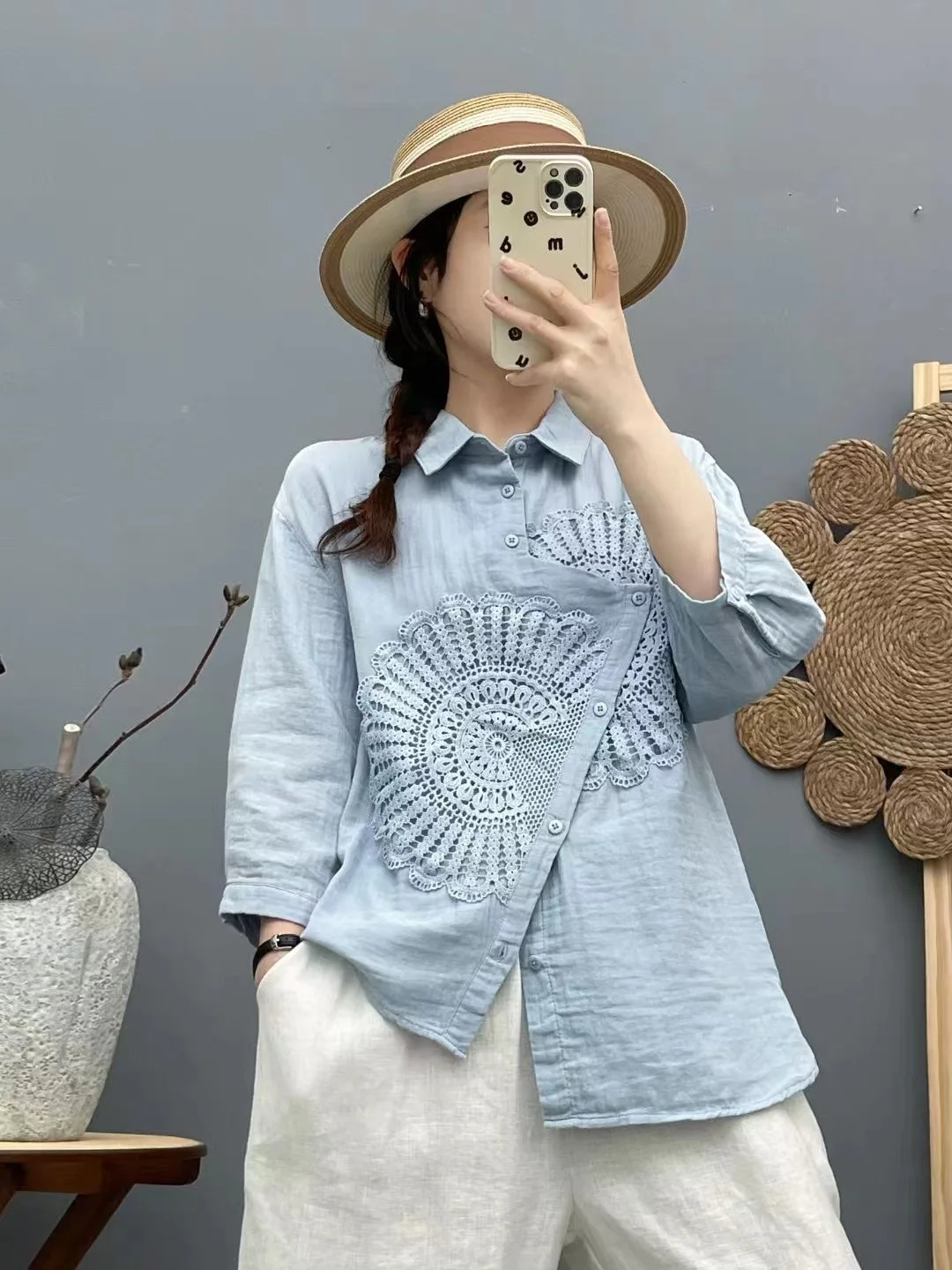 New 2025 Summer Cotton Yarn 3/4 Sleeve Shirt, Women Turn-down Collar Embroidery, Mori Girl Versatile Chic Loose Blouse T55345CC