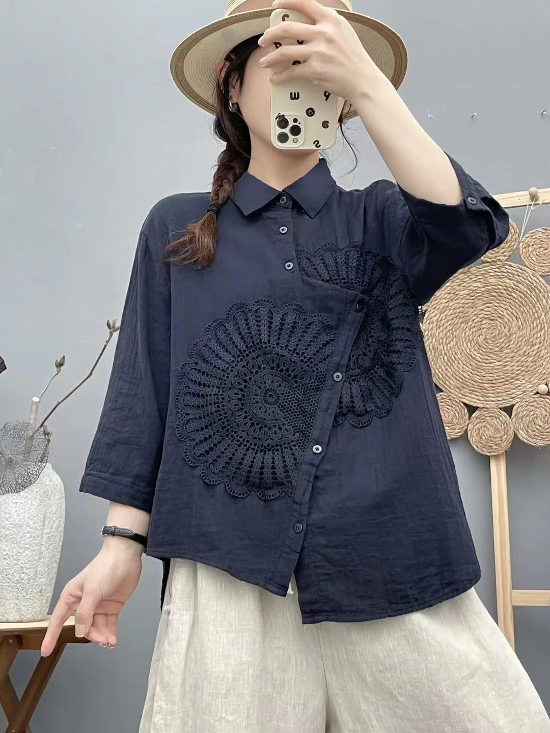 New 2025 Summer Cotton Yarn 3/4 Sleeve Shirt, Women Turn-down Collar Embroidery, Mori Girl Versatile Chic Loose Blouse T55345CC