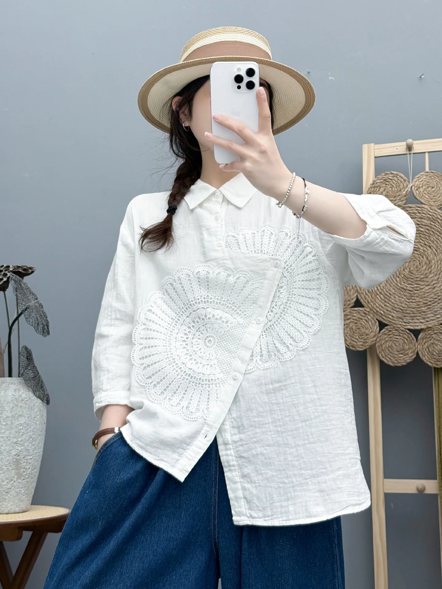 New 2025 Summer Cotton Yarn 3/4 Sleeve Shirt, Women Turn-down Collar Embroidery, Mori Girl Versatile Chic Loose Blouse T55345CC