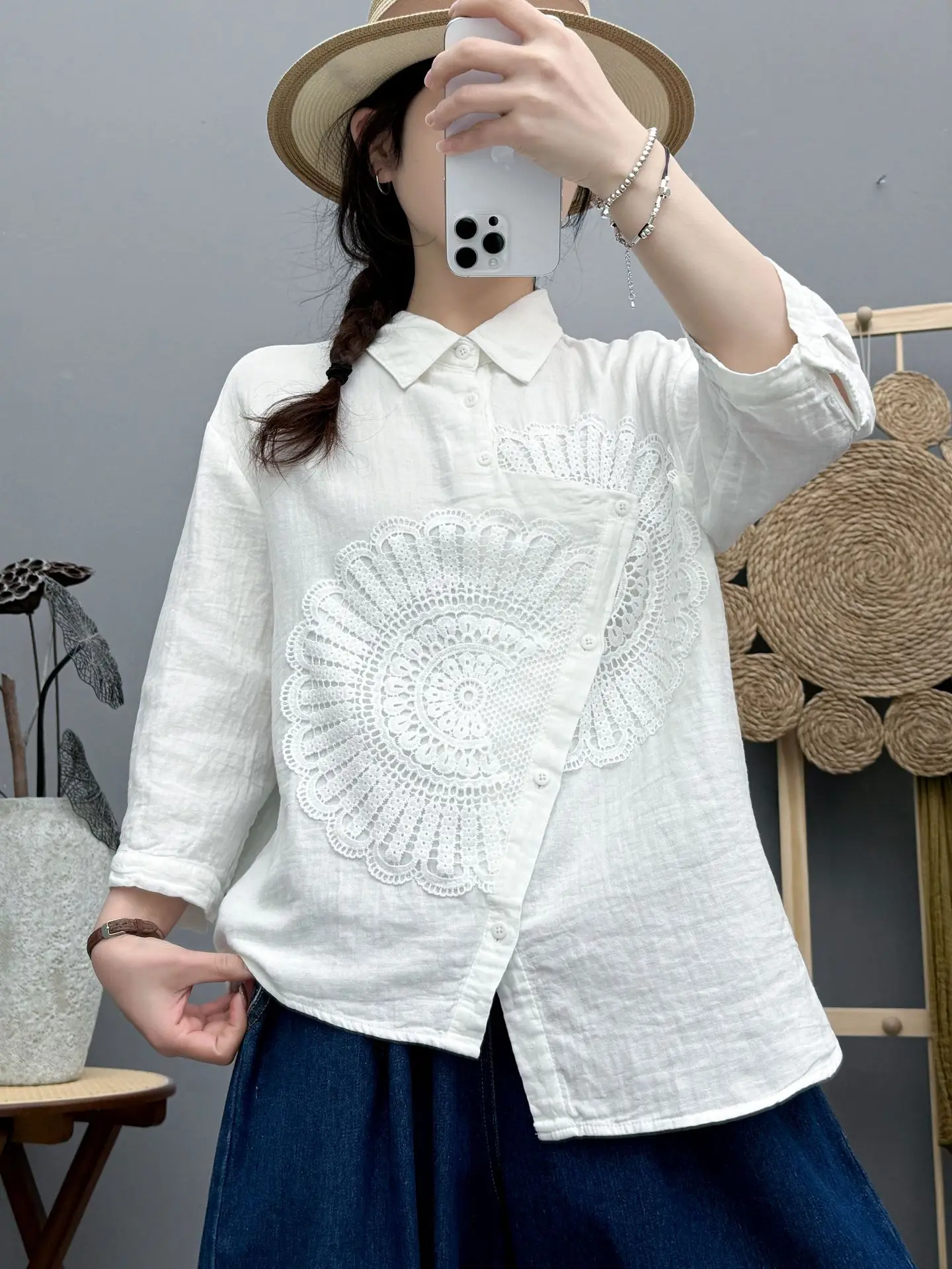 New 2025 Summer Cotton Yarn 3/4 Sleeve Shirt, Women Turn-down Collar Embroidery, Mori Girl Versatile Chic Loose Blouse T55345CC