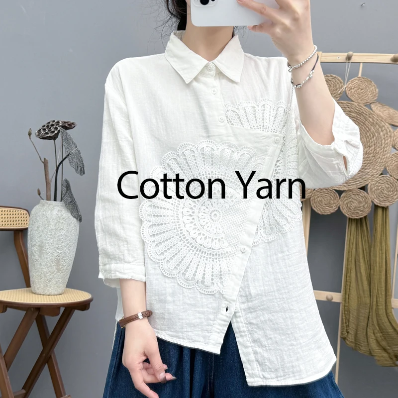 New 2025 Summer Cotton Yarn 3/4 Sleeve Shirt, Women Turn-down Collar Embroidery, Mori Girl Versatile Chic Loose Blouse T55345CC