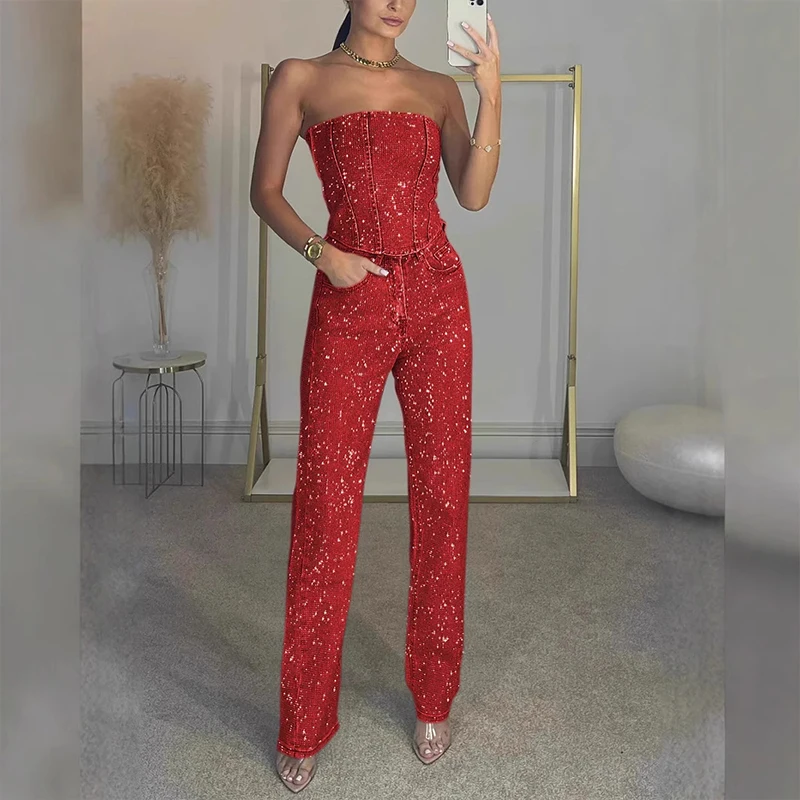 Elegant Straight Glitter Two Piece Ladies Sexy Sleeveless Bodycon Tops&Long Pants Suit Summer 2025 Sequins Club Party Outfit