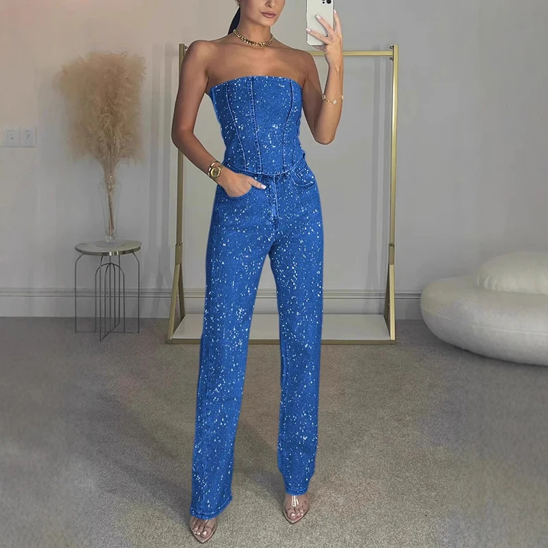 Elegant Straight Glitter Two Piece Ladies Sexy Sleeveless Bodycon Tops&Long Pants Suit Summer 2025 Sequins Club Party Outfit