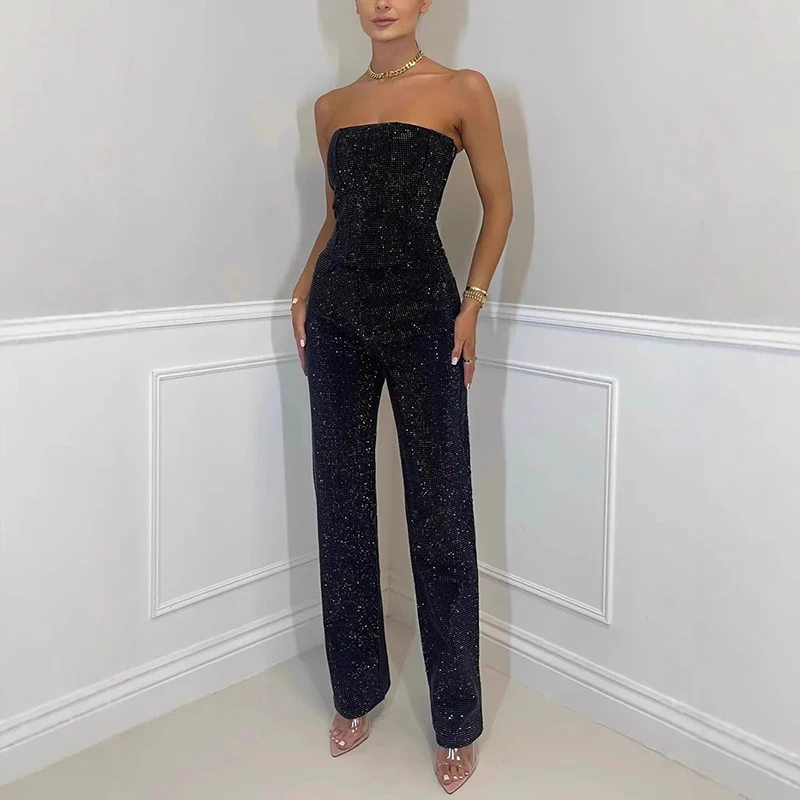 Elegant Straight Glitter Two Piece Ladies Sexy Sleeveless Bodycon Tops&Long Pants Suit Summer 2025 Sequins Club Party Outfit