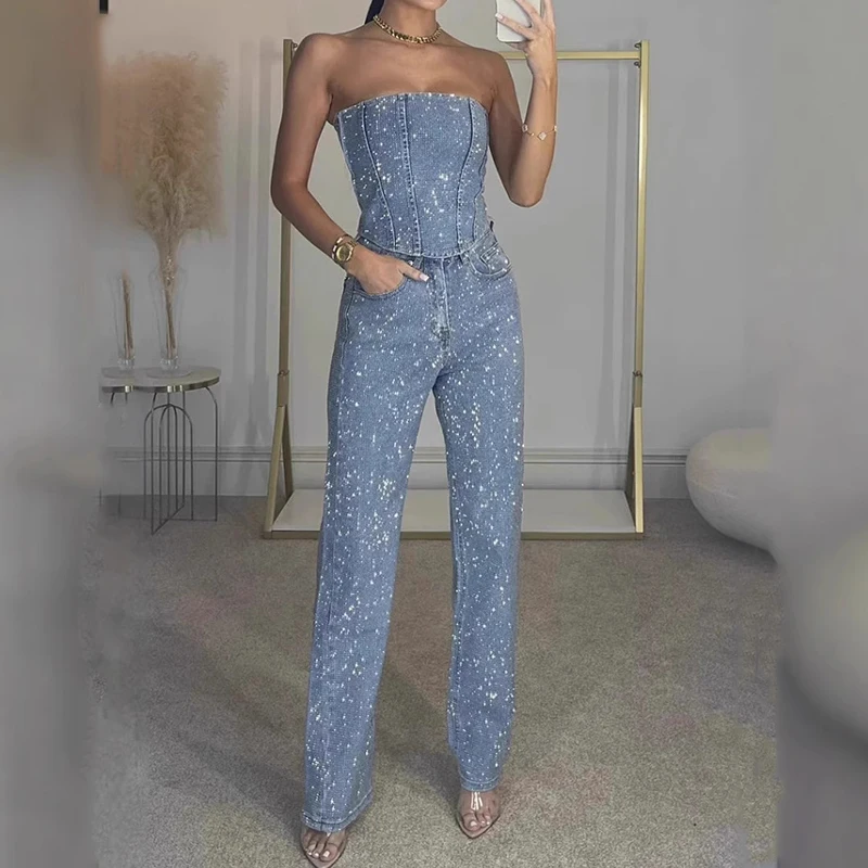 Elegant Straight Glitter Two Piece Ladies Sexy Sleeveless Bodycon Tops&Long Pants Suit Summer 2025 Sequins Club Party Outfit