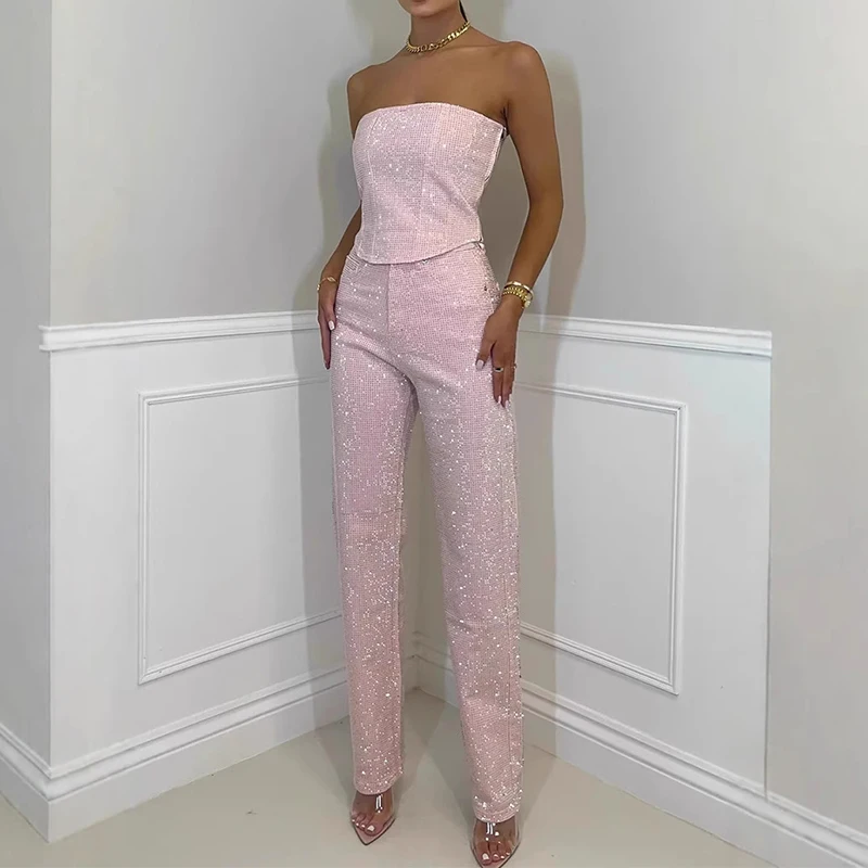 Elegant Straight Glitter Two Piece Ladies Sexy Sleeveless Bodycon Tops&Long Pants Suit Summer 2025 Sequins Club Party Outfit