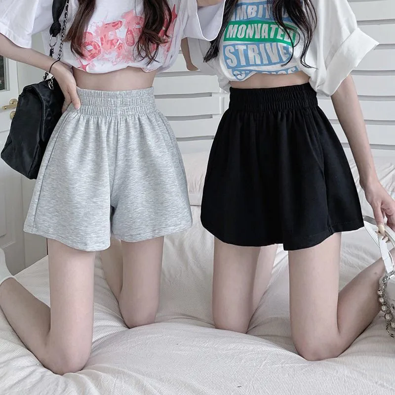 Korean Fashion Wide Leg Shorts Ladies Casual All-Match Elastic Waist Sport Short Pants Woman Solid Color Simple Loose Hot Shorts