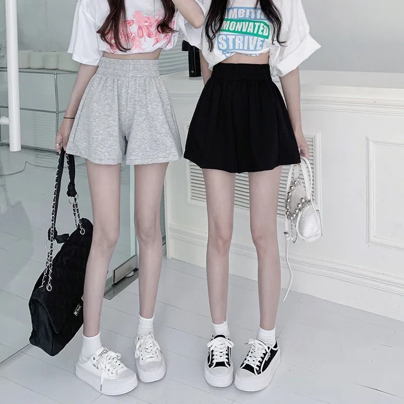 Korean Fashion Wide Leg Shorts Ladies Casual All-Match Elastic Waist Sport Short Pants Woman Solid Color Simple Loose Hot Shorts