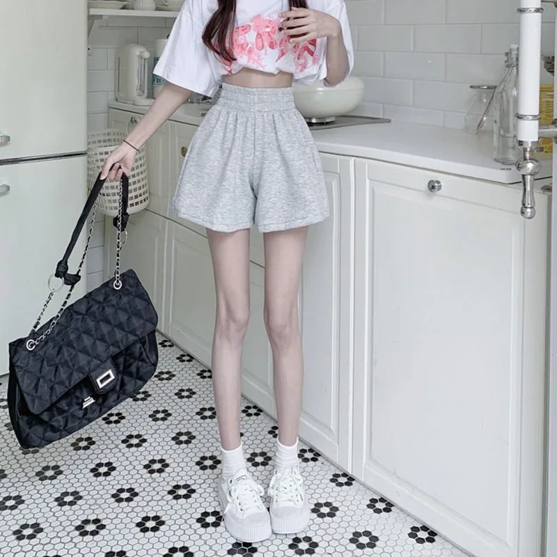 Korean Fashion Wide Leg Shorts Ladies Casual All-Match Elastic Waist Sport Short Pants Woman Solid Color Simple Loose Hot Shorts