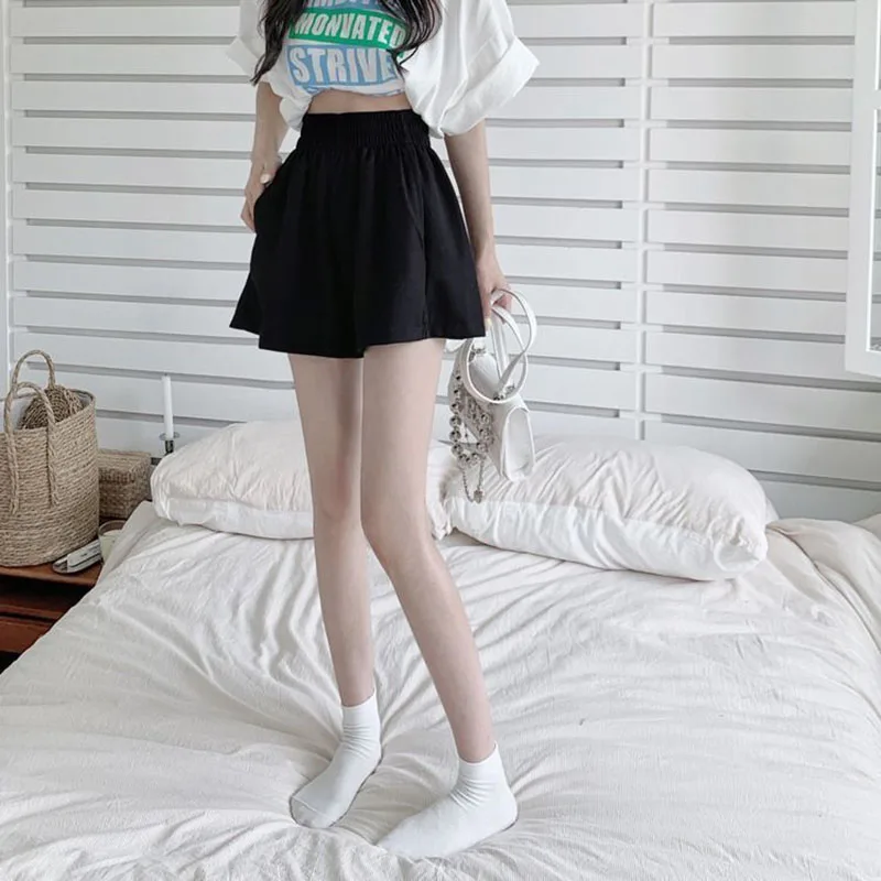 Korean Fashion Wide Leg Shorts Ladies Casual All-Match Elastic Waist Sport Short Pants Woman Solid Color Simple Loose Hot Shorts