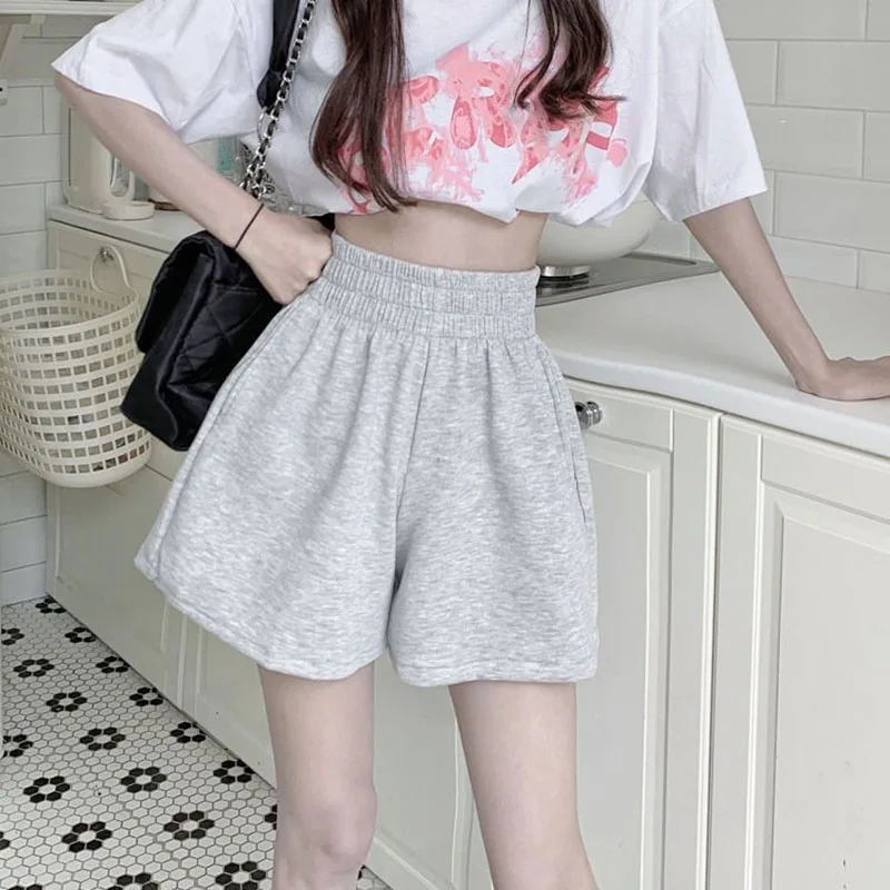 Korean Fashion Wide Leg Shorts Ladies Casual All-Match Elastic Waist Sport Short Pants Woman Solid Color Simple Loose Hot Shorts