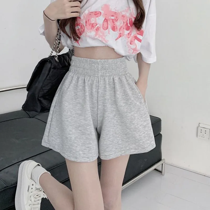 Korean Fashion Wide Leg Shorts Ladies Casual All-Match Elastic Waist Sport Short Pants Woman Solid Color Simple Loose Hot Shorts