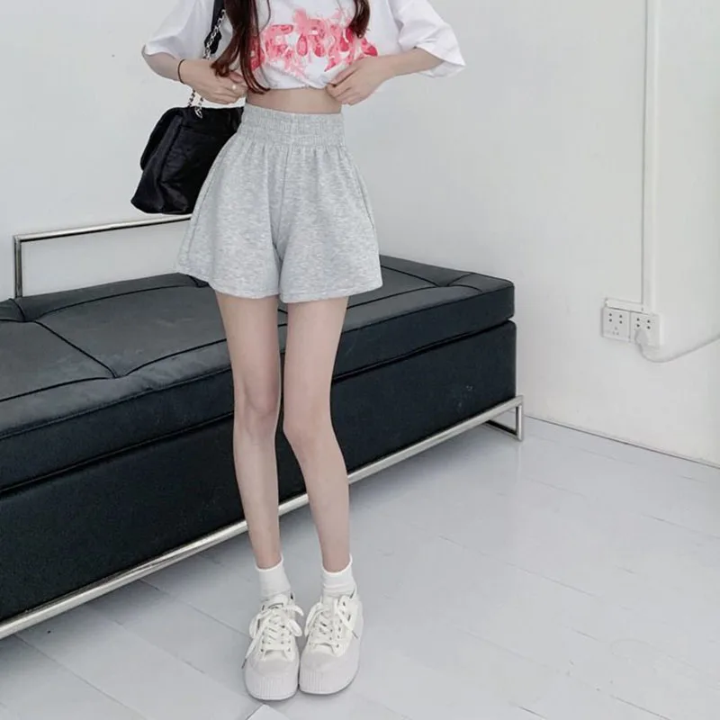 Korean Fashion Wide Leg Shorts Ladies Casual All-Match Elastic Waist Sport Short Pants Woman Solid Color Simple Loose Hot Shorts