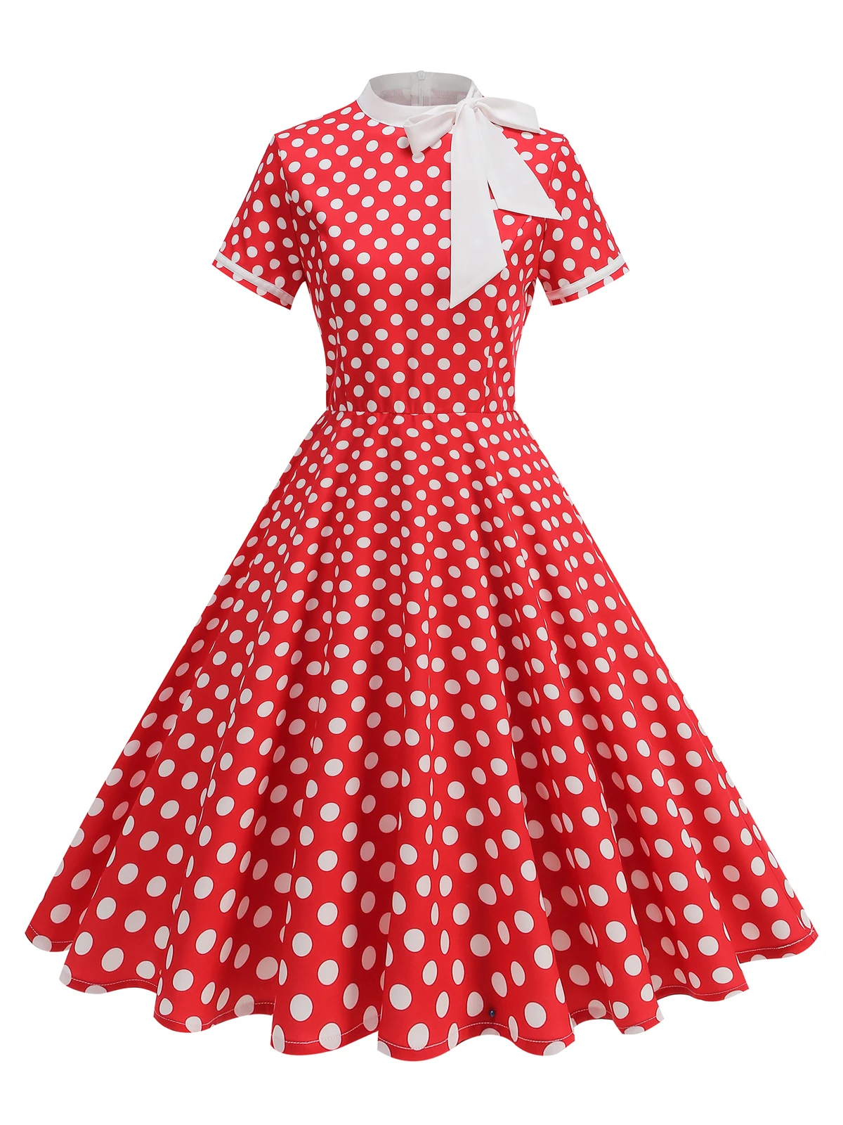Tonval 1950s Vintage Party Birthday Dress Summer Clothing for Women Bow Neck Polka Dot Print Midi Swing Dresses