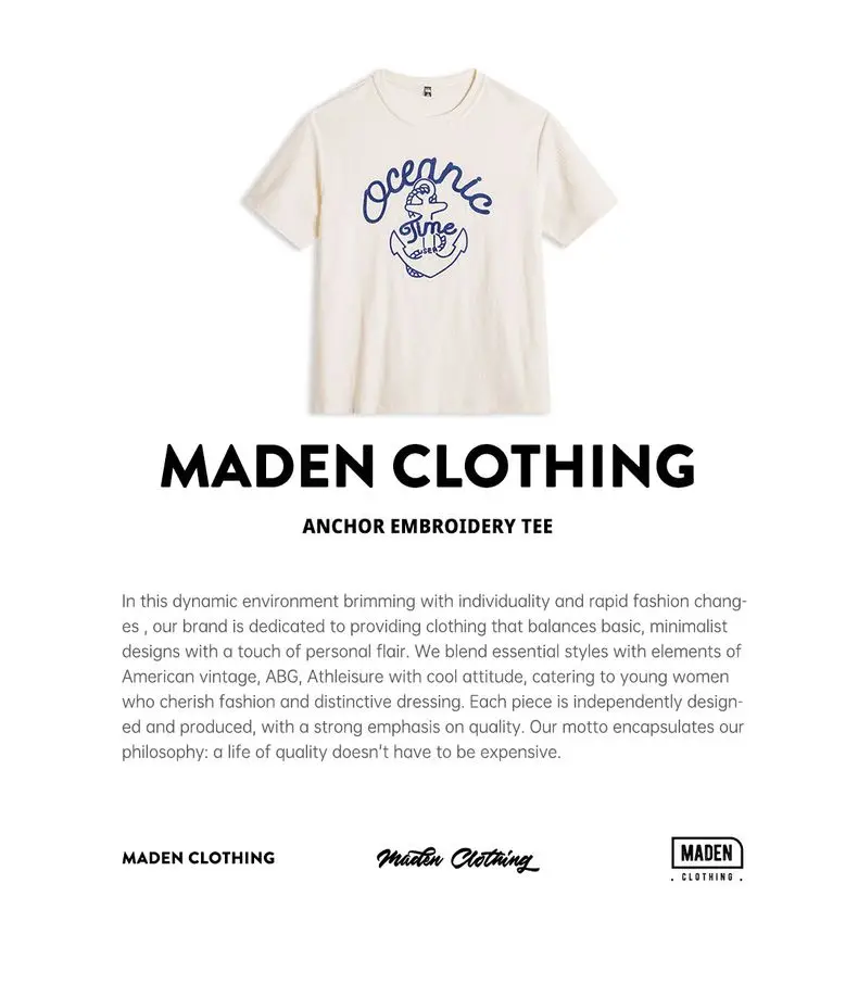 Maden Unisex Summer Vintage Embroidered Short Sleeves T-Shirt Beige Slub Cotton Crew Neck Tee Heavyweight Loose Breathable Tops