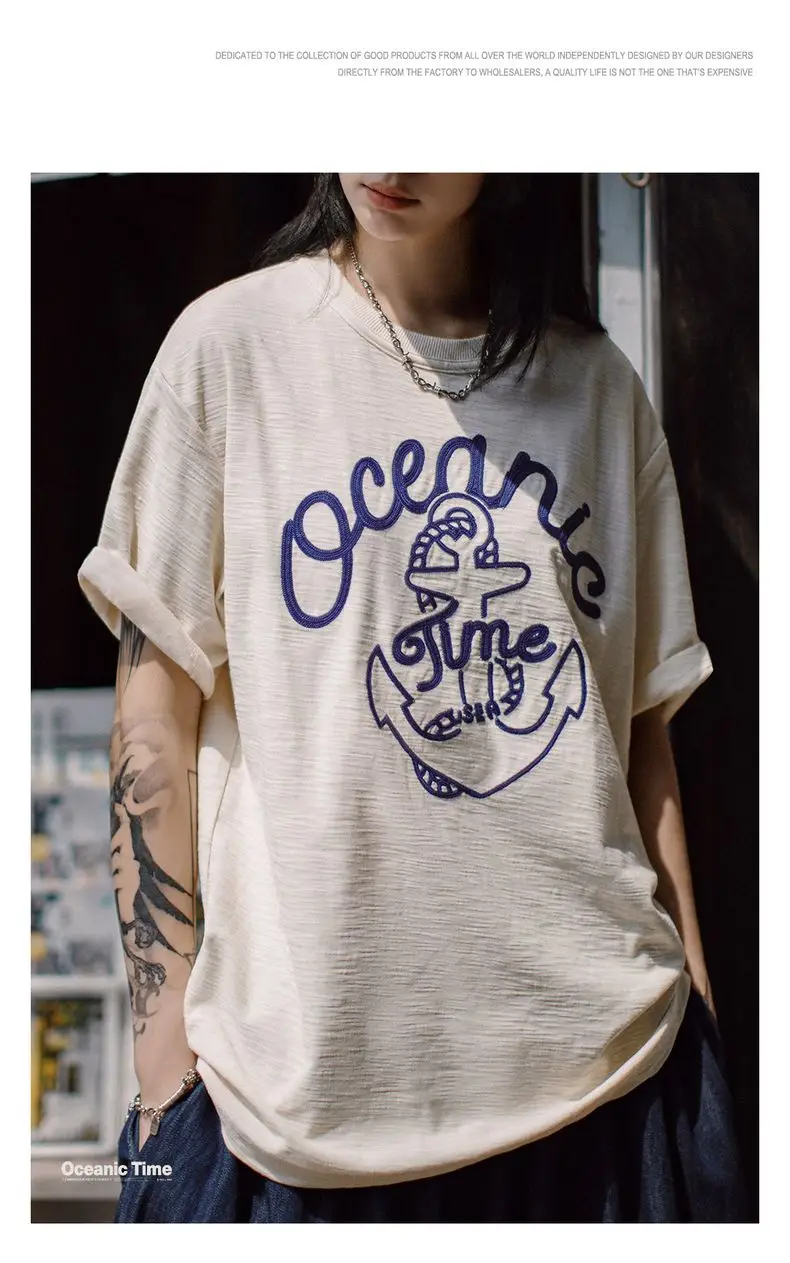 Maden Unisex Summer Vintage Embroidered Short Sleeves T-Shirt Beige Slub Cotton Crew Neck Tee Heavyweight Loose Breathable Tops