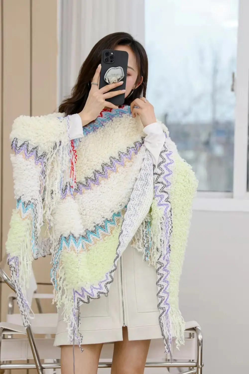 Ethnic Style Cape Oversized Sweater Jacket Women Fashion New Loose Patchwork Warm Long Scarf Knitted Cardigan Woman